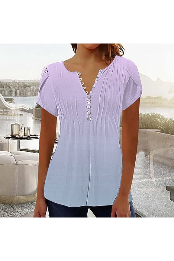 Short Sleeve Shirts for Women Tops 2025 Spring Neck Casual Print Tunic T T Shirts for Women Purple