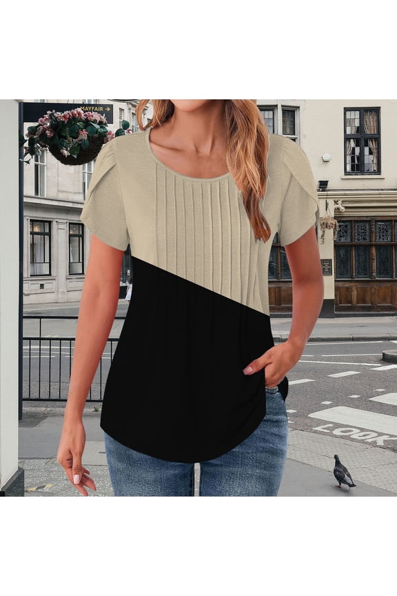 Short Sleeve Shirts for Women Tops Petal Summer Casual Crew Neck Floral Solid Blouse Pleated Tunics T Shirts for Women Black