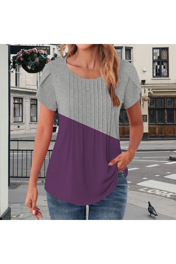 Short Sleeve Shirts for Women Tops Petal Summer Casual Crew Neck Floral Solid Blouse Pleated Tunics T Shirts for Women Purple