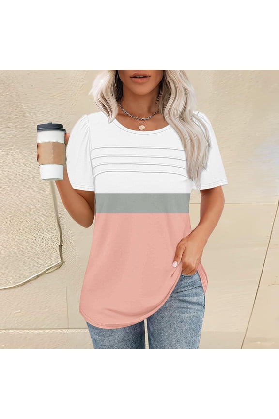 V Neck T Shirts for Women Shirt Short Sleeve Formal Casual Spring Summer Clothing Flowing Creases Front Short Sleeve Shirts for Women Pink