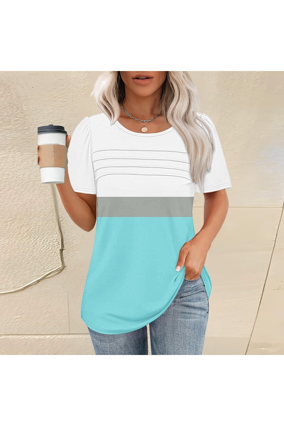 V Neck T Shirts for Women Shirt Short Sleeve Formal Casual Spring Summer Clothing Flowing Creases Front Short Sleeve Shirts for Women Sky Blue