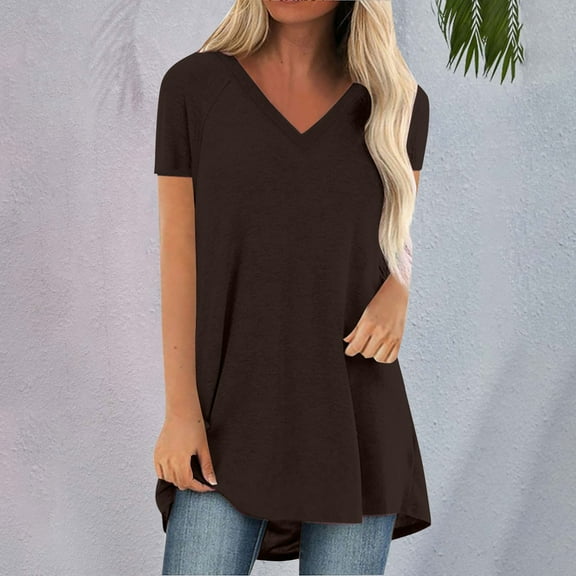Sweet Home Farm V Neck T Shirts for Women Summer Tops Plus Size Short Sleeve High Casual Tunic To Wear With Leggings Short Sleeve Shirts for Women Brown