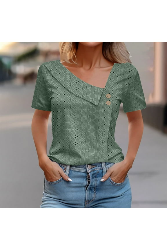 V Neck T Shirts for Women Summer Tops Short Sleeve Button Going Out Blouses Dressy Casual Trendy Clothes Short Sleeve Shirts for Women Green1