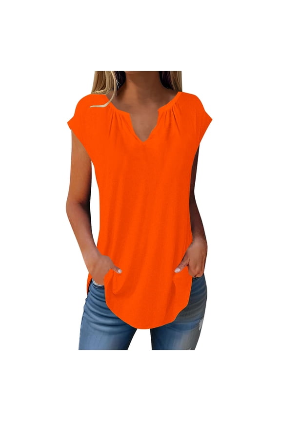 V Neck T Shirts for Women Summer Womens Tops Cap Sleeve Blouses Shirt Casual Loose Fit Basic Tank Short Sleeve Shirts for Women Orange