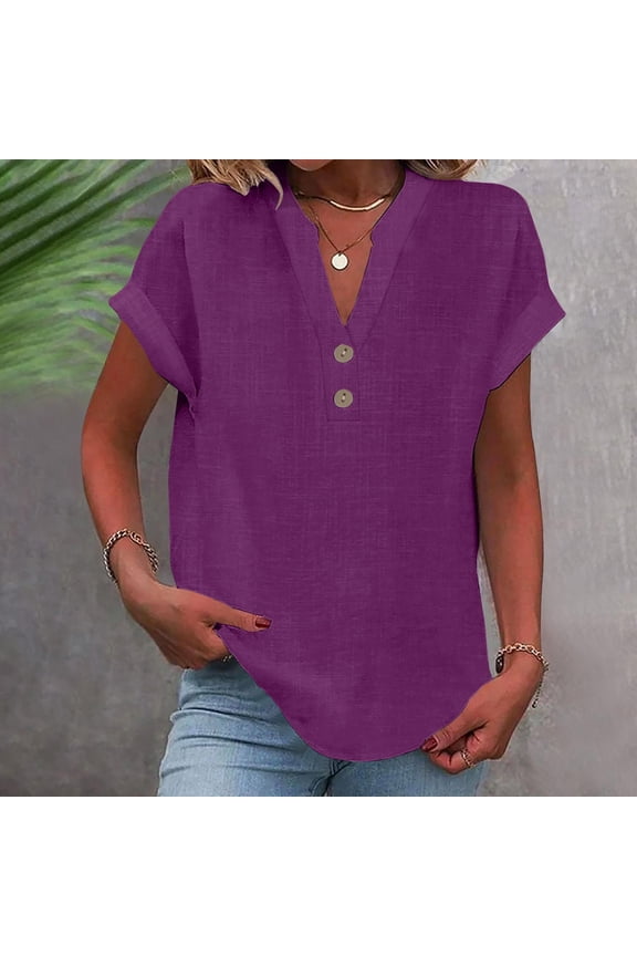 V Neck T Shirts for Women Fashion Casual Button Down Short Sleeve Top Shirt Short Sleeve Shirts for Women Purple