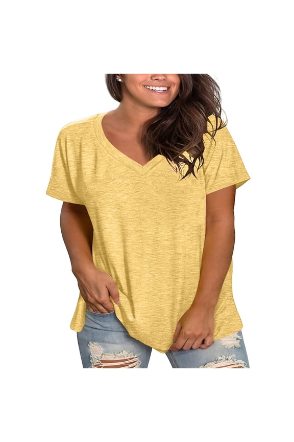 V Neck T Shirts for Women Plus Size Short Sleeve Tops Casual Summer Tshirts Loose Fit Tee Short Sleeve Shirts for Women Yellow