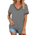 thumbnail image 1 of Sweet Home Farm V Neck T Shirts for Women Spring Splice Ribbon Pocket Loose Casual Short Sleeve Shirt Short Sleeve Shirts for Women Grey, 1 of 4