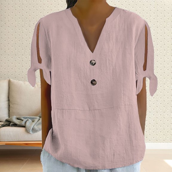 Sweet Home Farm V Neck T Shirts for Women Spring/Summer Tie Button Side Sleeve Fork Loose Casual Short Shirt Short Sleeve Shirts for Women Pink