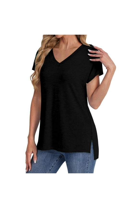 V Neck T Shirts for Women Summer Daily Casual Short Sleeve Tops Blouses Loose Fit Shirt Short Sleeve Shirts for Women Black