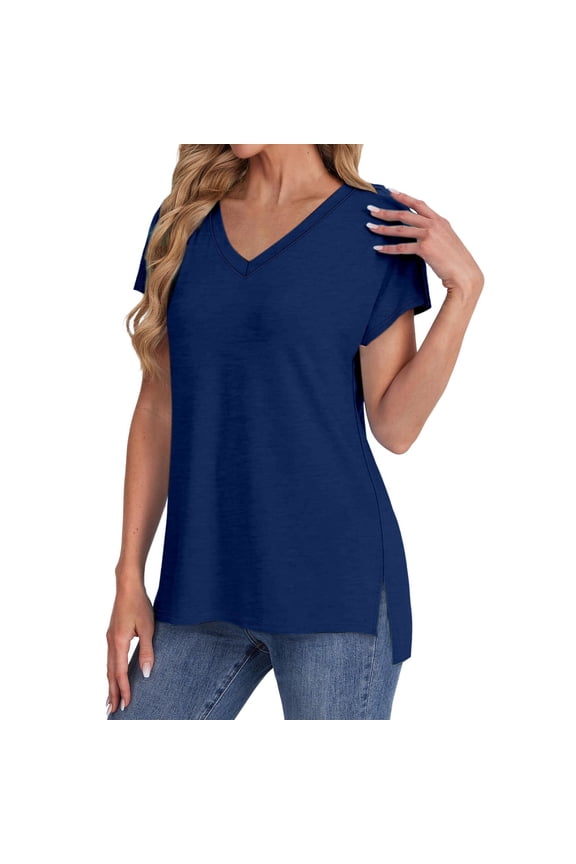 V Neck T Shirts for Women Summer Daily Casual Short Sleeve Tops Blouses Loose Fit Shirt Short Sleeve Shirts for Women Navy