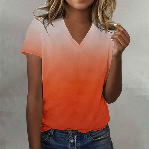 Sweet Home Farm V Neck T Shirts for Women Summer Gradient Solid Color Thin Base Short Sleeved Shirt Short Sleeve Shirts for Women Orange
