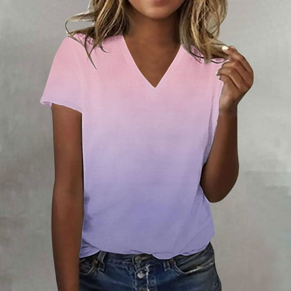 Sweet Home Farm V Neck T Shirts for Women Summer Gradient Solid Color Thin Base Short Sleeved Shirt Short Sleeve Shirts for Women Purple