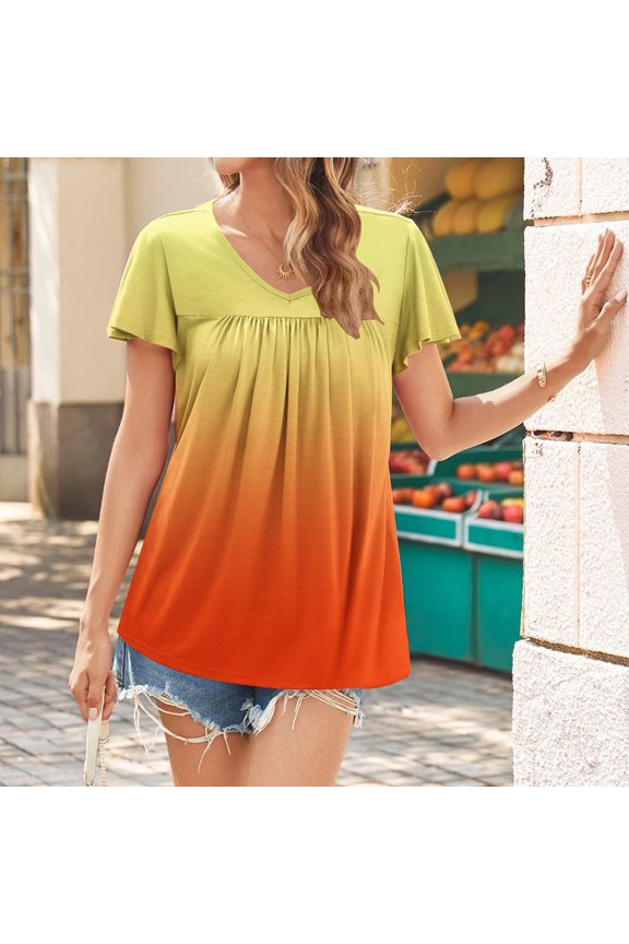 V Neck T Shirts for Women Summer Plus Size Tops Blouses Short Sleeve Lace Pleated Tunic Short Sleeve Shirts for Women Purple