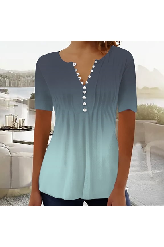 V Neck T Shirts for Women Summer Tops 2025 Trendy Boho Floral Print Tunic Casual Loose Blouse Short Sleeve Shirts Blue