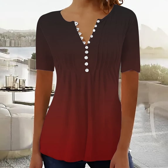 Sweet Home Farm V Neck T Shirts for Women Summer Tops 2025 Trendy Boho Floral Print Tunic Casual Loose Blouse Short Sleeve Shirts Red
