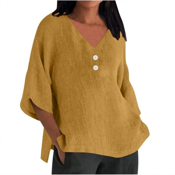 Sweet Home Farm V Neck T Shirts for Women Summer Women's 7 Quarter Sleeve Solid Color Loose Top Shirt Casual Short Sleeve Shirts for Women Yellow