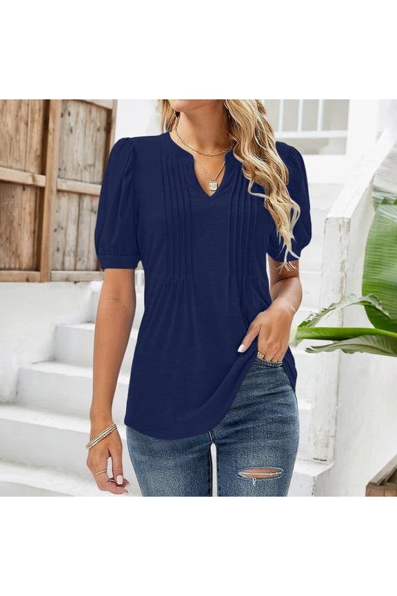V Neck T Shirts for Women Tops Puff Short Sleeve Shirt Pleated Floral Printed Tunic Blouse Short Sleeve Shirts for Women Dark Blue