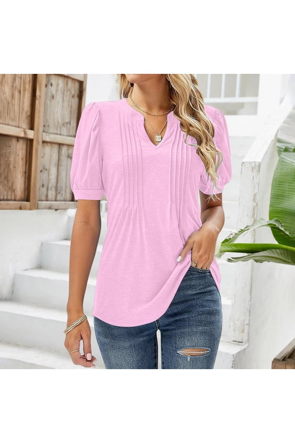 V Neck T Shirts for Women Tops Puff Short Sleeve Shirt Pleated Floral Printed Tunic Blouse Short Sleeve Shirts for Women Pink