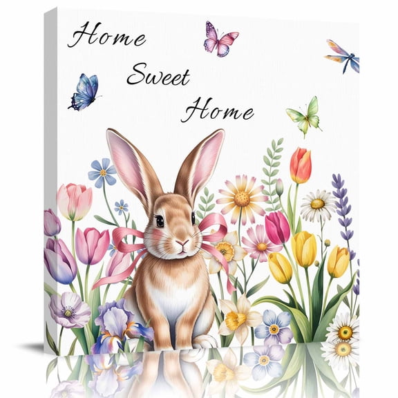 Sweet Home Framed Canvas Wall Art, Easter Bunny Spring Butterflies Flowers Country Leaf Wall Art Painting for Living Room Bedroom Home Decor, 28”x28”, Office Artwork Print