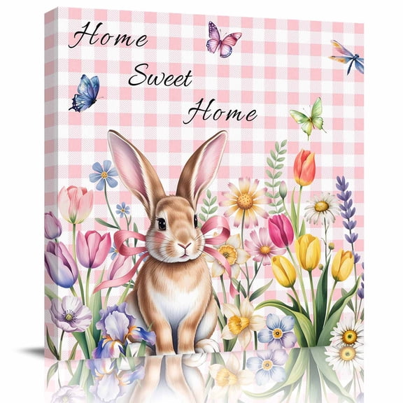 Sweet Home Framed Canvas Wall Art, Easter Bunny Spring Butterflies Flowers Pink Plaid Wall Art Painting for Living Room Bedroom Home Decor, 8”x8”, Office Artwork Print