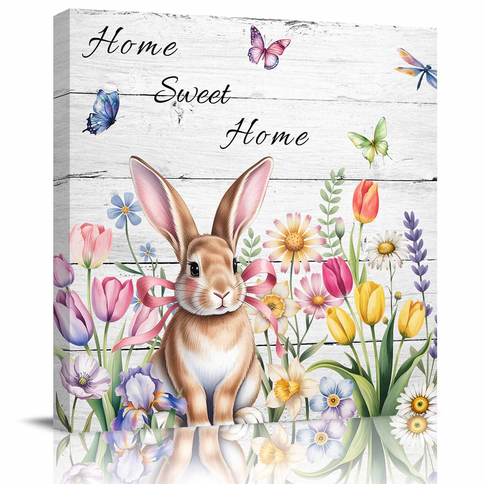Sweet Home Framed Canvas Wall Art, Easter Bunny Spring Butterflies Flowers Wood Grain Wall Art Painting for Living Room Bedroom Home Decor, 24”x24”, Office Artwork Print