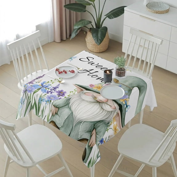 Sweet Home Green Gnomes Table Cloth 54x54in, Waterproof Square Tablecloth Wipeable Tablecloths Dwarf Flowers Butterfly Table Covers for Dining Tables Party Indoor Outdoor