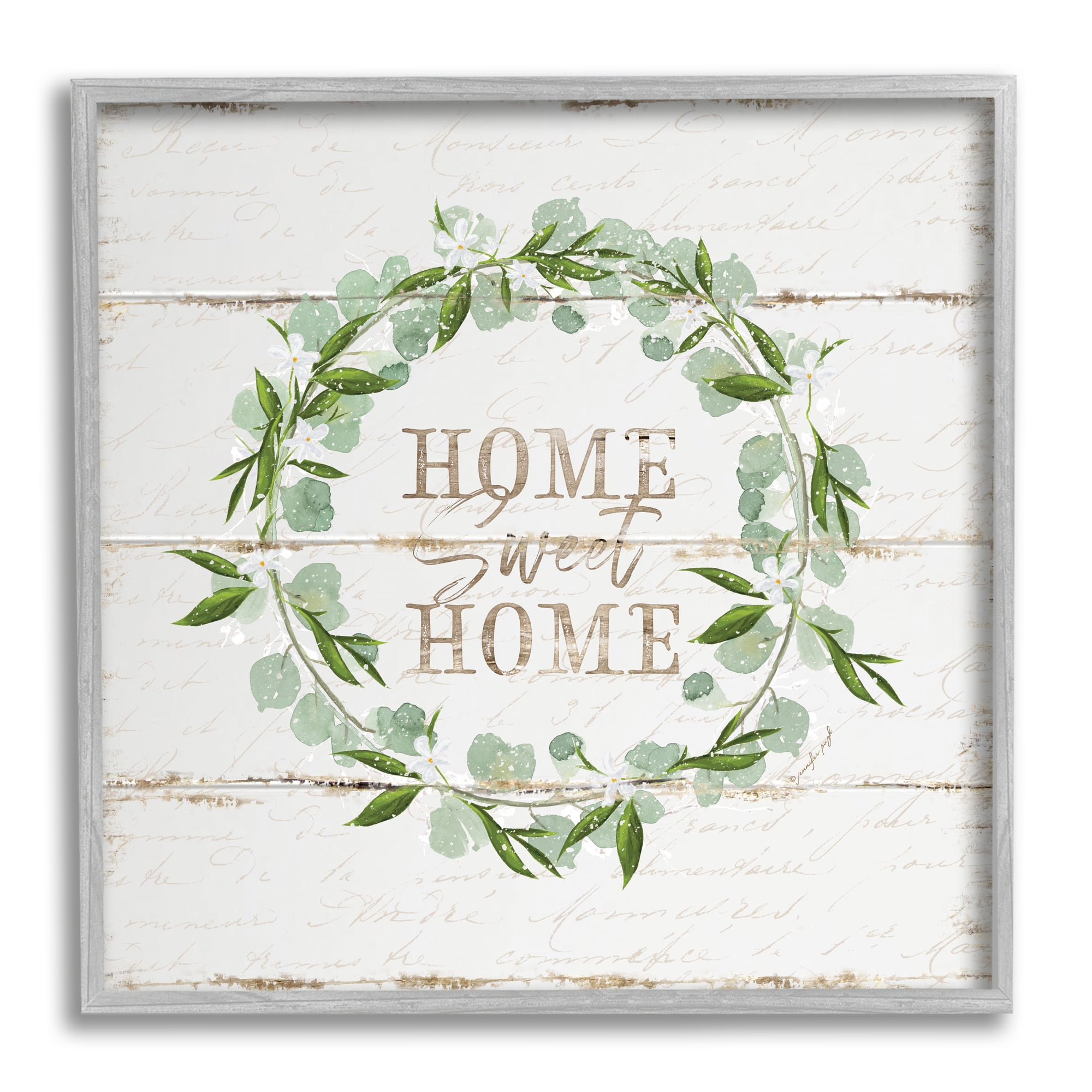 Sweet Home Greeting Eucalyptus Wreath Rustic Plank Pattern Typography Framed Art Print Wall Art, 17x17