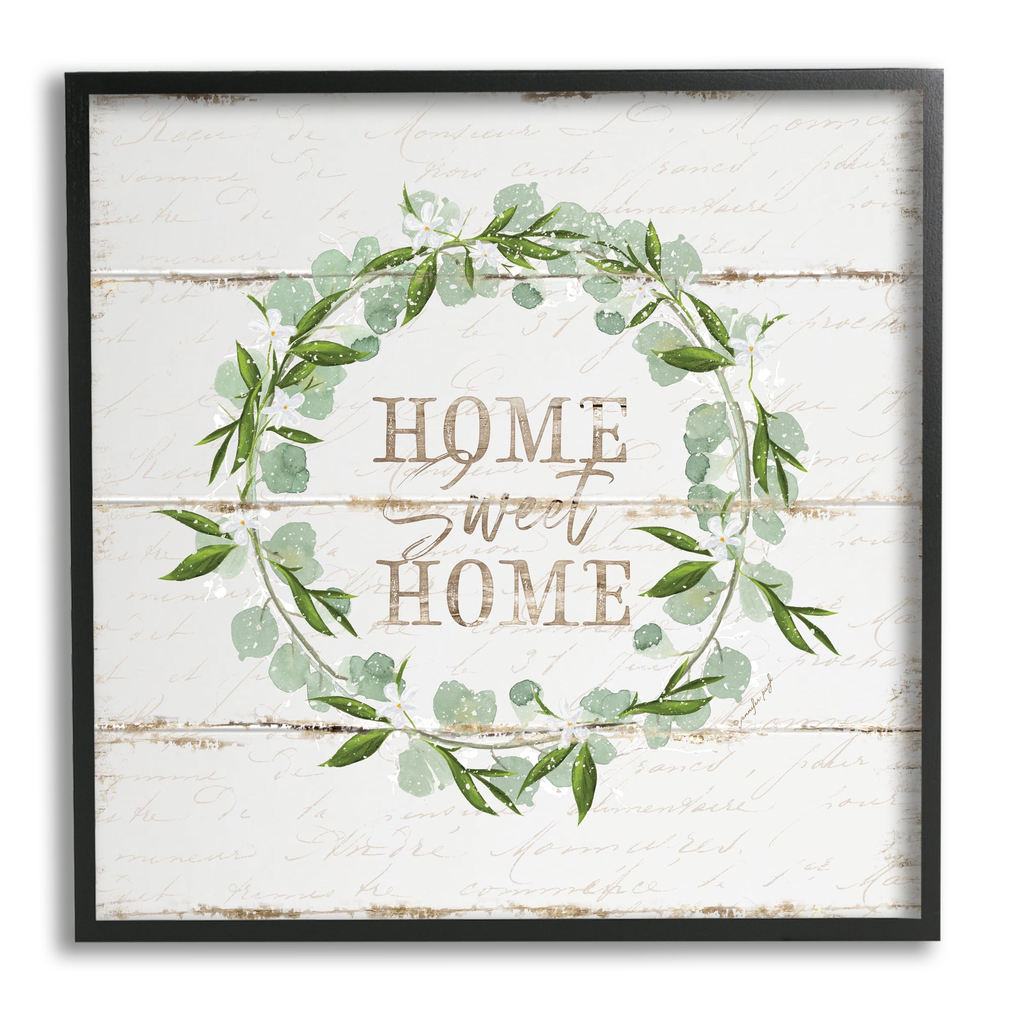 Sweet Home Greeting Eucalyptus Wreath Rustic Plank Pattern Typography Framed Art Print Wall Art, 17x17
