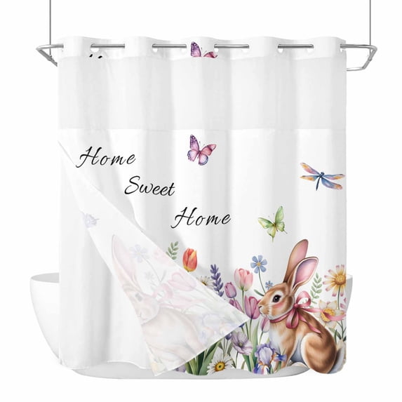 Sweet Home No Hooks Shower Curtain with Snap-in Liner Easter Bunny Spring Butterflies Flowers Country Leaf Shower Curtains for Bathroom, Waterproof, Easy Install, Washable 72"x72"