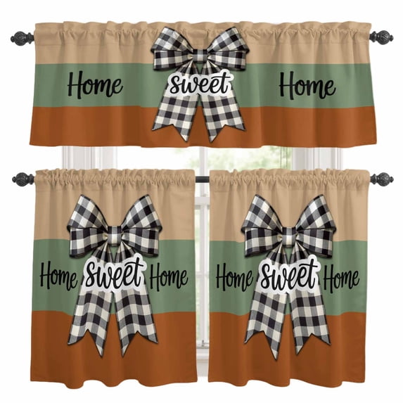 Sweet Home Kitchen Curtains Sets for Windows 24 Inch Length, Black White Plaid Bow Horizontal Stripes Rod Pocket Window Treatments Tier Curtains and Valances Set for Bedroom/Bathroom