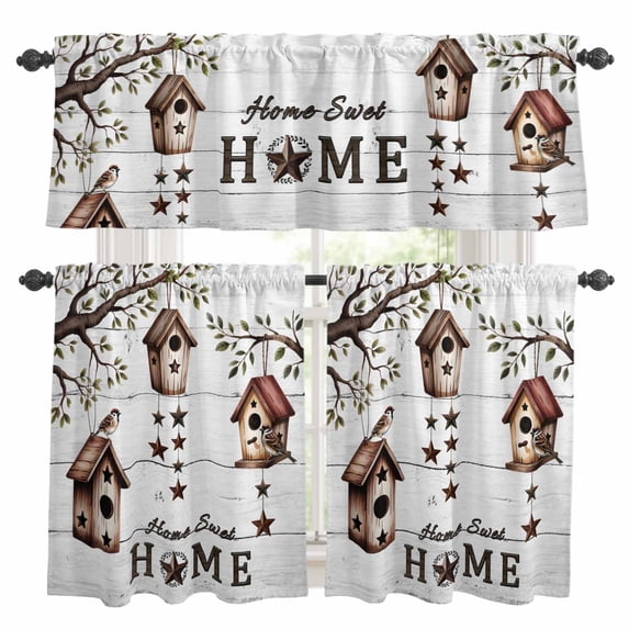 Sweet Home Kitchen Curtains Sets for Windows 24 Inch Length, Western Stars Bird Houses White Wood Plank Rod Pocket Window Treatments Tier Curtains and Valances Set for Bedroom/Bathroom
