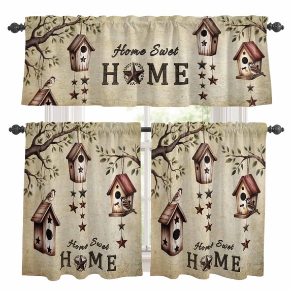 Sweet Home Kitchen Curtains Sets for Windows 36 Inch Length, Western Stars Bird Houses Country Vintage Rod Pocket Window Treatments Tier Curtains and Valances Set for Bedroom/Bathroom