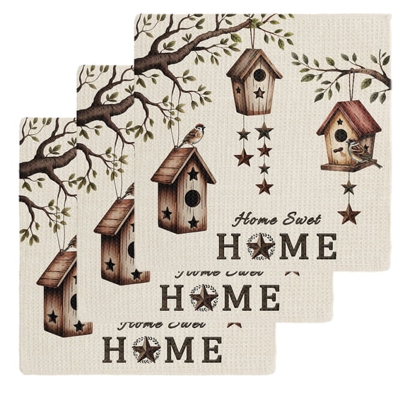Sweet Home Kitchen Dish Towels for Drying Dishes Set of 3, Western Stars Bird Houses Farmhouse Retro Waffle Weave Microfiber Hand Tea Bathroom Towels Quick Dry & Absorbent Towel 12x12
