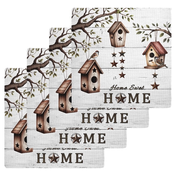 Sweet Home Kitchen Dish Towels for Drying Dishes Set of 4, Western Stars Bird Houses White Wood Plank Waffle Weave Microfiber Hand Tea Bathroom Towels Quick Dry & Absorbent Towel 12x12