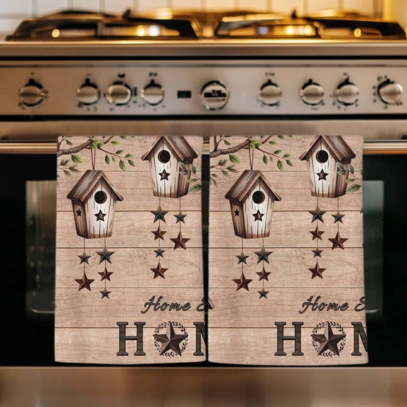 Sweet Home Kitchen Towels Set of 1, Western Stars Bird Houses Brown Wooden Grain Absorbent Dish Towels for Kitchen, Microfiber Hand Towel, Quick Drying Tea Towel for Cleaning Decorative Dishcloths