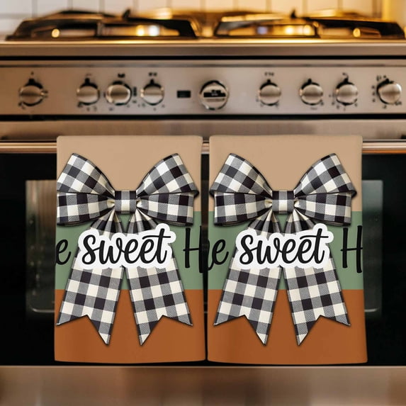 Sweet Home Kitchen Towels Set of 2, Black White Plaid Bow Horizontal Stripes Absorbent Dish Towels for Kitchen, Microfiber Hand Towel, Quick Drying Tea Towel for Cleaning Decorative Dishcloths