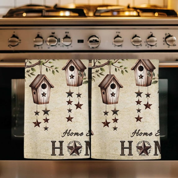 Sweet Home Kitchen Towels Set of 4, Western Stars Bird Houses Country Vintage Absorbent Dish Towels for Kitchen, Microfiber Hand Towel, Quick Drying Tea Towel for Cleaning Decorative Dishcloths
