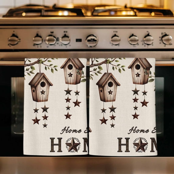 Sweet Home Kitchen Towels Set of 4, Western Stars Bird Houses Farmhouse Retro Absorbent Dish Towels for Kitchen, Microfiber Hand Towel, Quick Drying Tea Towel for Cleaning Decorative Dishcloths
