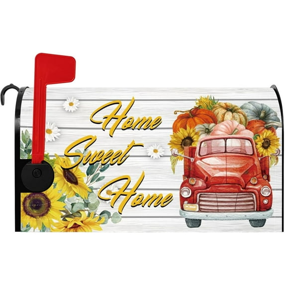 Sweet Home Mailbox Cover Wooden Board Sun Flower Truck Pumpkin Daisy Decorative Magnetic Mailbox Covers Standard Size 18x21 Inch Welcome Home Mail Box Wraps Post Letter Box Cover for Yard