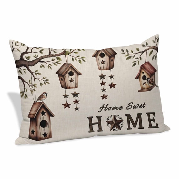 Sweet Home Pillow Covers, Linen Long Throw Pillow Case, Western Stars Bird Houses Farmhouse Retro Holiday Pillow Protector Decorative Cushion Cover for Living Room/Bedroom 24" x 36"