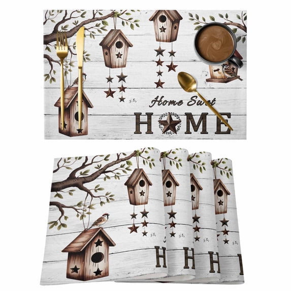 Sweet Home Placemats Set of 4, Western Stars Bird Houses White Wood Plank Placemats for Dining Table, Place Mats for Kitchen Tabletop, Waterproof Wipeable Dining Table Mats Set