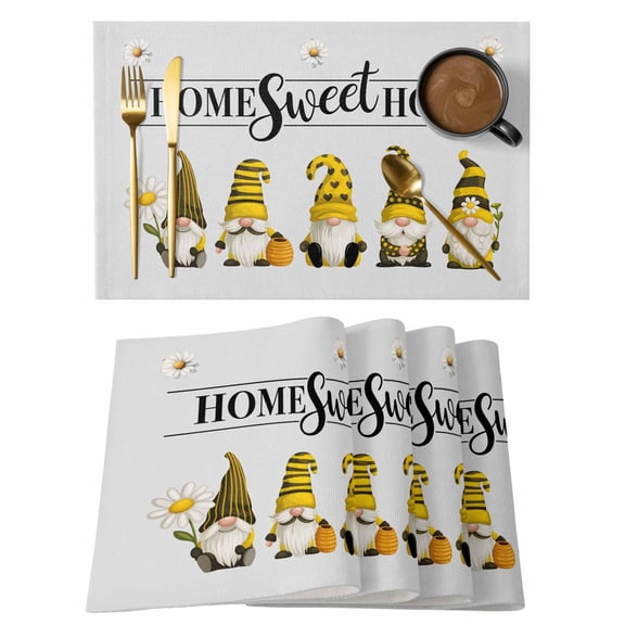 Sweet Home Placemats Set&nbsp;of&nbsp;12 Vintage Abstract Cute Gnomes White Daisy Floral Honey Grey Heat Insulation Washable Place Mats, Non-Slip Table Mats for Dining Table Party Kitchen,13x19 Inch