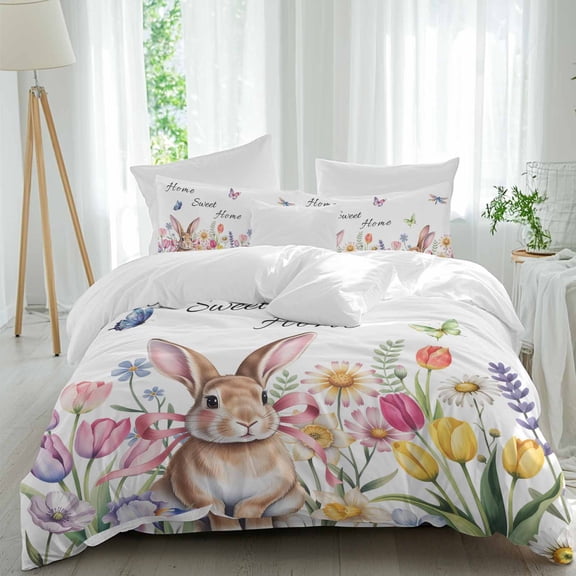 Sweet Home Queen Size Comforter Set, Easter Bunny Spring Butterflies Flowers Country Leaf Bedding for All Seasons, 4 Pcs Bed Set, 1Quiltcover (90"x92") ,1Sheet(94"x116"), 2Pillowcases (30"x20")