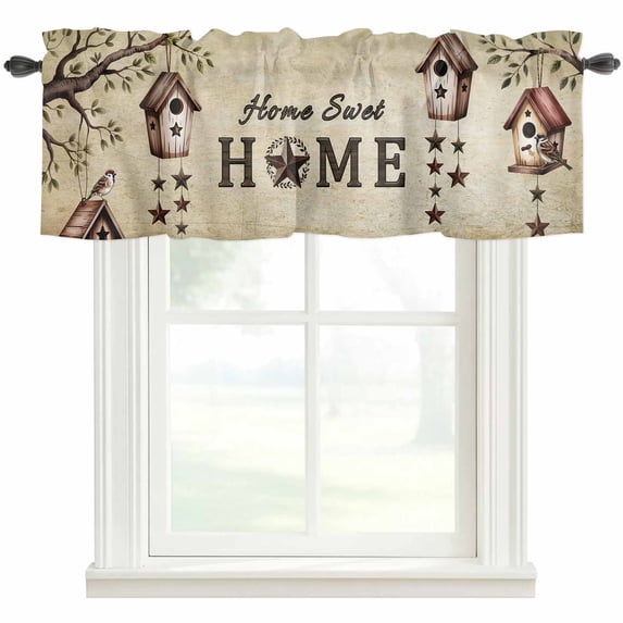 Sweet Home Rod Pocket Curtain Valance, Western Stars Bird Houses Country Vintage Farmhouse Window Valance for Living Room, Bedroom, Kitchen 42"W x 12"L