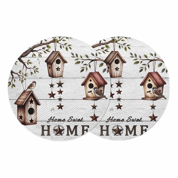 Sweet Home Round 13 Inch Placemats Set of 2, Western Stars Bird Houses White Wood Plank HeatResistant Non Slip Place Mats for Dining Table, Wipeable Braided Kitchen Table Mats for Housewarming