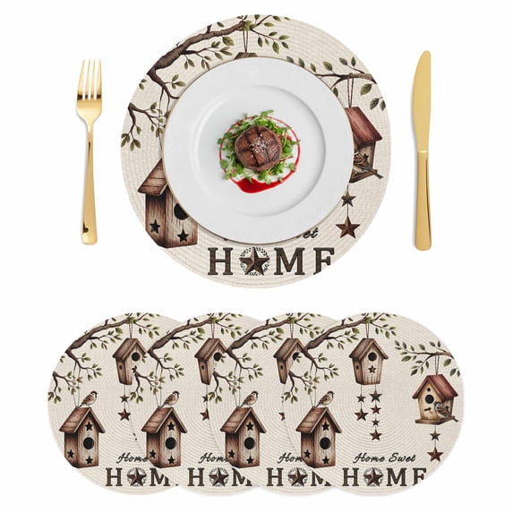 Sweet Home Round 13 Inch Placemats Set of 4, Western Stars Bird Houses Farmhouse Retro HeatResistant Non Slip Place Mats for Dining Table, Wipeable Braided Kitchen Table Mats for Housewarming
