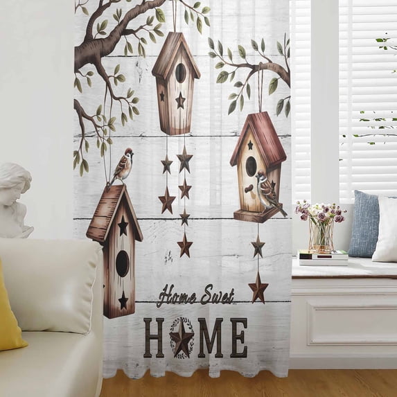 Sweet Home Semi Sheer Curtains Drapes for Living Room,Bedroom,French Doors Window 72 Inches Long,Western Stars Bird Houses White Wood Plank Rod Pocket Chiffon Curtain Drapery Voile Draperies Panel