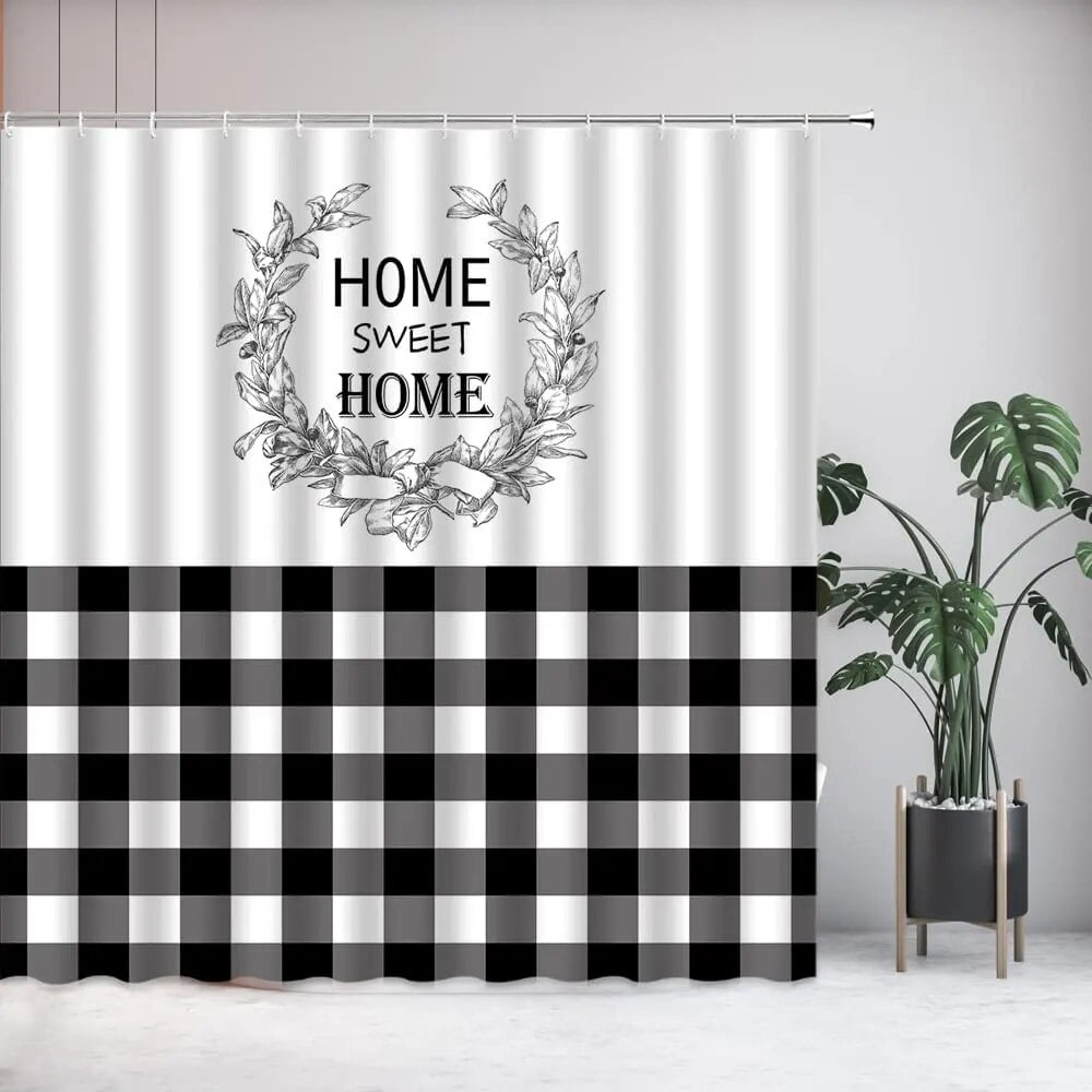 Sweet Home Shower Curtain Black and White Buffalo Plaid Retro Country ...