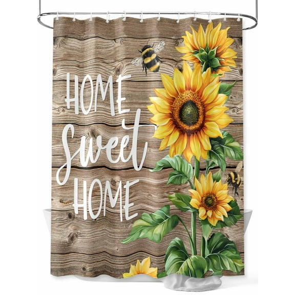Sweet Home Shower Curtain, Sunflower Vintage Rustic Brown Stripe Wood Board Waterproof Shower Curtain Set with 12 Hooks Lightweight Washable Fabric Shower Curtains for Bathroom 72x84 Inches