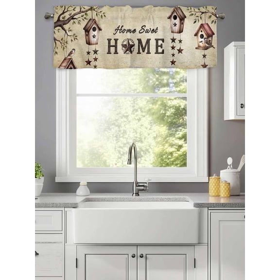 Sweet Home Sparrows Valances for Windows,Kitchen Valance Rod Pocket Short Curtain,Bird Houses Country Stars Valance Curtain Window Valances for Bedroom Living Room 42x12in